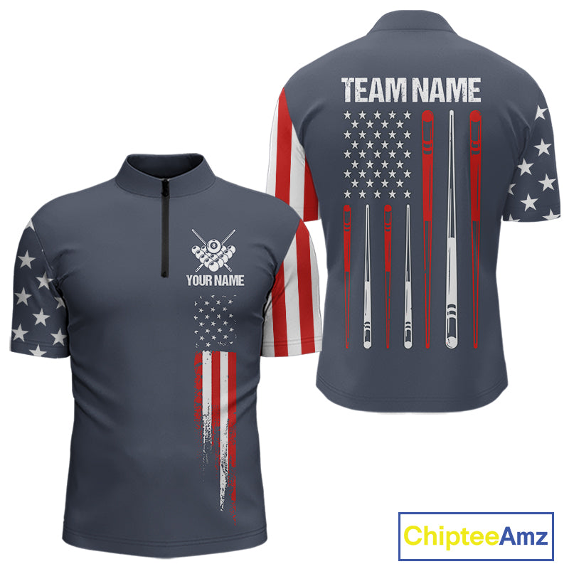 Personalized navy American flag 8 ball pool billiard quarter zip shirt for men, custom patriotic billiard team jersey.