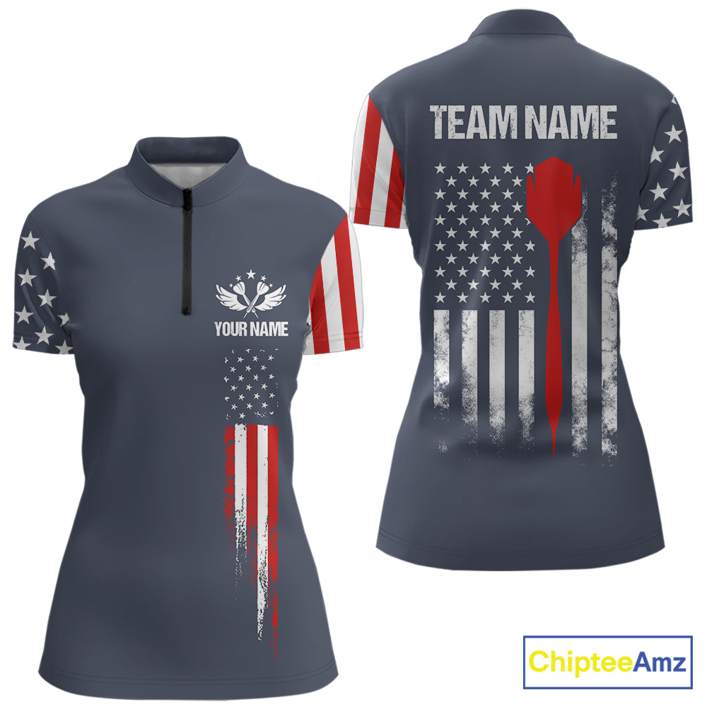 Personalized navy American flag patriotic darts quarter zip shirt for women, custom darts team jersey.
