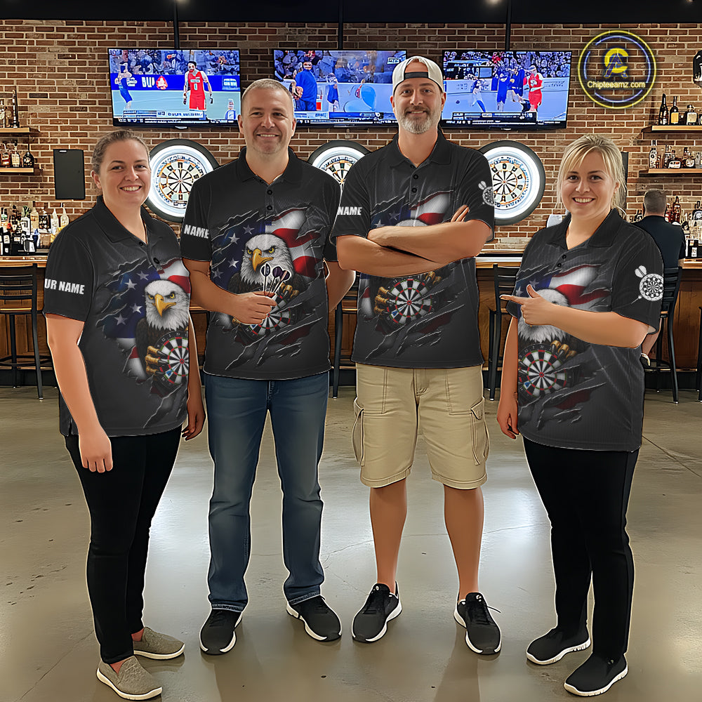 Personalized Grey American Flag Eagle Darts Shirts For Men Custom Patriotic Darts League Jersey TDM7171