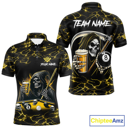 Yellow Funny Grim Reaper & Beer Billiard Shirts For Men Custom 8 Ball Lightning Billiard Jerseys TDM2939
