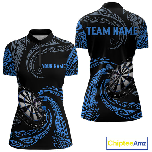 Personalized Blue Tribal Polynesian Womens Dart Shirts Custom Darts Polo & 1/4 Zip Team Jersey TDM5154