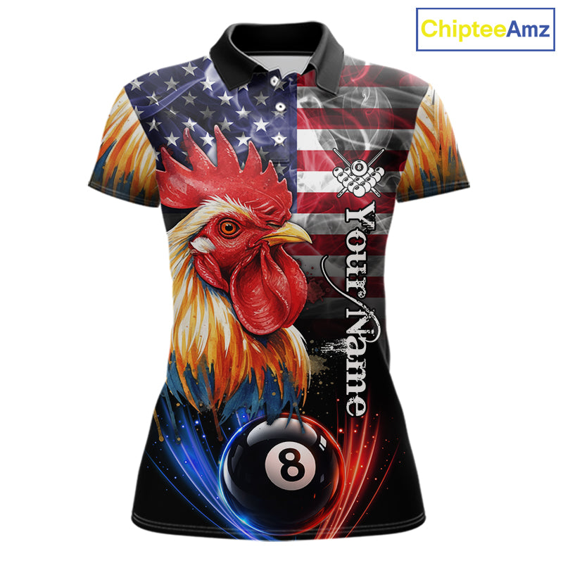 American Flag Smoke Rooster Billiard Shirt For Women Custom 8 Ball Pool Team Jersey Polo & 1/4 Zip TDM5883