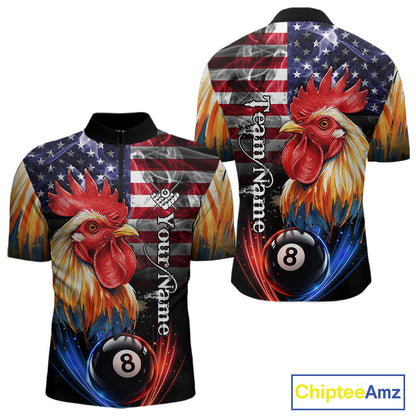 American Flag Smoke Rooster Billiard Shirt For Men Custom 8 Ball Pool Team Jersey Polo & 1/4 Zip TDM5883