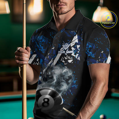 Custom Blue Camo 8 Ball Pool Smoke Billiard Shirt For Men, Billiard Team Jersey Polo & 1/4 Zip TDM6031