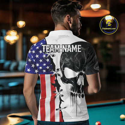 American Flag Smoke Skull Billiard Shirt For Men Custom 8 Ball Pool Team Jersey Polo & 1/4 Zip TDM6285