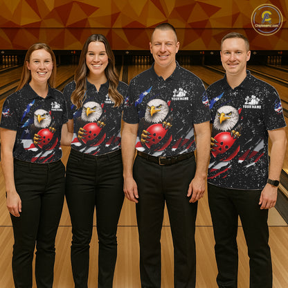 Bowling team wearing matching black grunge American flag eagle bowling jerseys during league competition front view.
