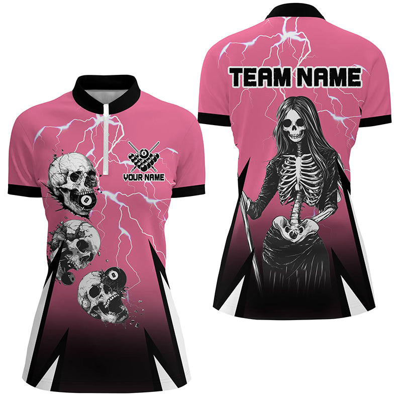 Grim Reaper Play Pool Custom Lightning Pink Billiard Shirts For Women, Funny Billiard Shirt Gifts TDM2175
