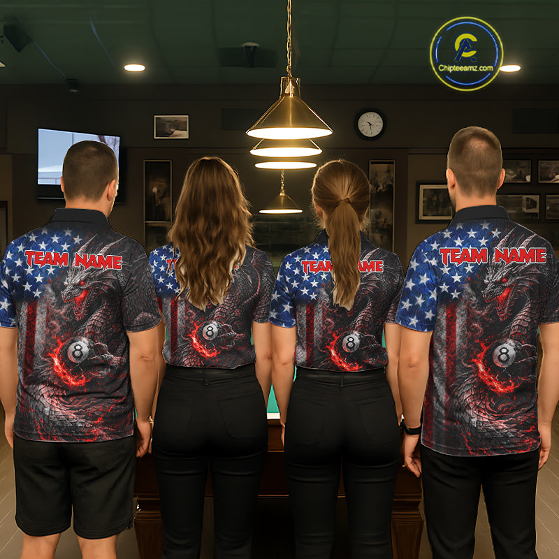 American Flag Dragon 8 Ball Fire Billiard Shirt For Men Custom Pool Team Jersey Polo, 1/4 Zip TDM6035