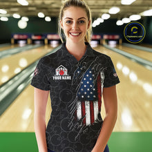 Load image into Gallery viewer, Woman wearing a vintage American flag black bowling polo shirt at a bowling alley front view.