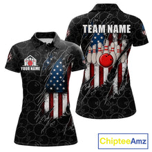 Load image into Gallery viewer, Vintage American flag black bowling polo shirt for women with patriotic team graphics.