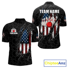 Load image into Gallery viewer, Vintage American flag black bowling quarter zip shirt for men built for league tournaments and team events.