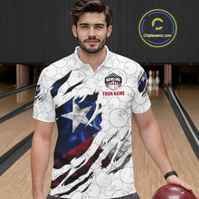 Load image into Gallery viewer, Man wearing a smoke Texas flag white bowling polo shirt at a bowling alley front view.