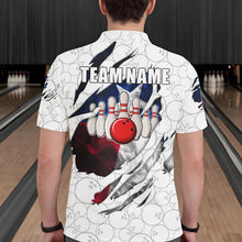 Load image into Gallery viewer, Back view of man wearing a smoke Texas flag white bowling polo shirt inside a bowling alley.