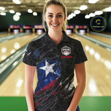 Load image into Gallery viewer, Woman wearing a smoke Texas flag black bowling polo shirt at a bowling alley front view.