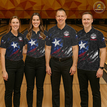 Load image into Gallery viewer, Bowling team wearing matching smoke Texas flag black bowling jerseys during tournament matches front view.