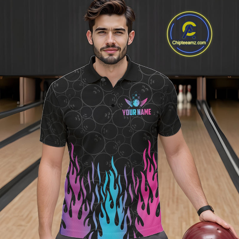 Man wearing a fire flame neon bowling polo shirt at a bowling alley front view.