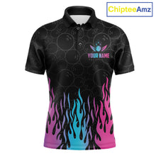 Load image into Gallery viewer, Fire flame neon bowling polo shirt for men with colorful custom team graphics.