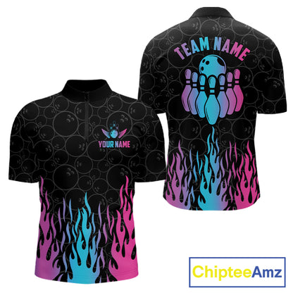 Fire flame neon bowling quarter zip shirt for men designed for league tournaments and team events.
