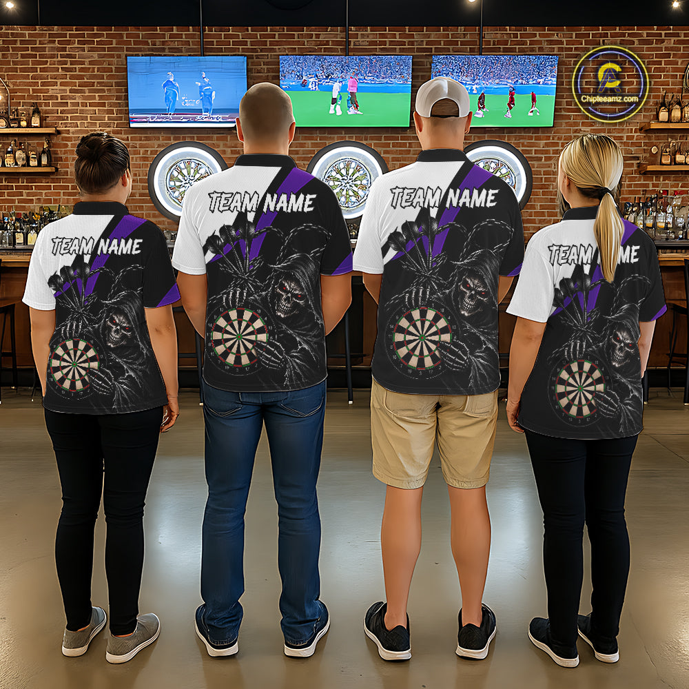 Personalized Grim Reaper Chain Darts Shirts For Men Custom Skull Darts League Team Jersey | Purple TDM7185
