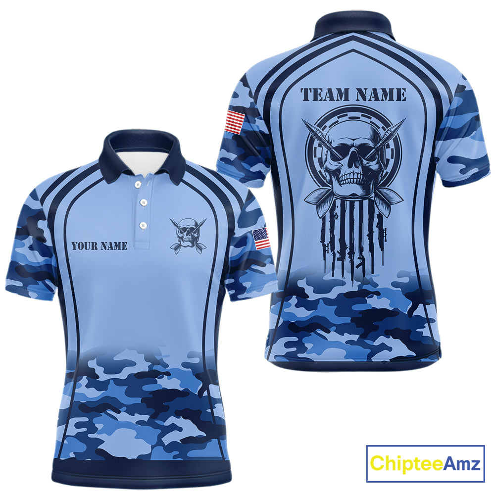 Vintage Blue Camo Darts Polo & Quarter Zip Custom Dart Shirts For Men, Camouflage Dart Team Jersey TDM7192