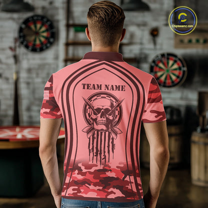Vintage Red Camo Darts Polo, Quarter Zip Custom Dart Shirts For Men, Camouflage Dart Team Jersey TDM7193