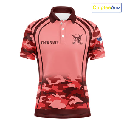 Vintage Red Camo Darts Polo, Quarter Zip Custom Dart Shirts For Men, Camouflage Dart Team Jersey TDM7193