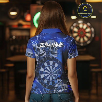 Blue Funny Skull Lightning Darts Shirt For Women Custom Darts Team Jersey Polo & Quarter Zip TDM4980