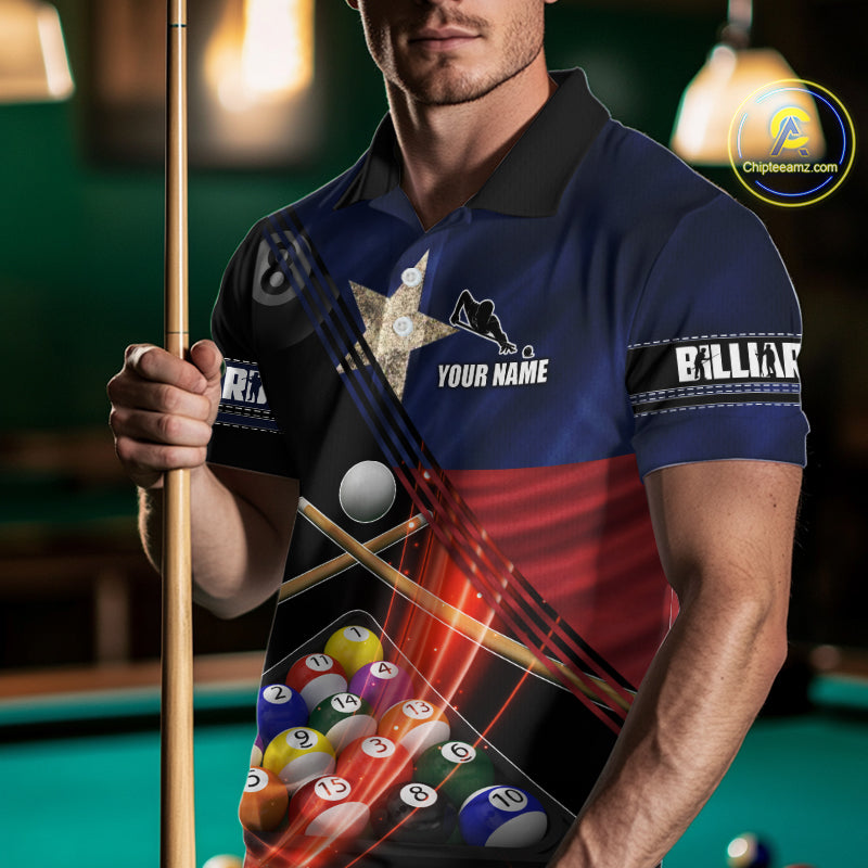 Texas Flag Custom Billiard Polo & 1/4 Zip Shirt For Men, Patriotic 8 Ball Pool Team Jersey TDM6046