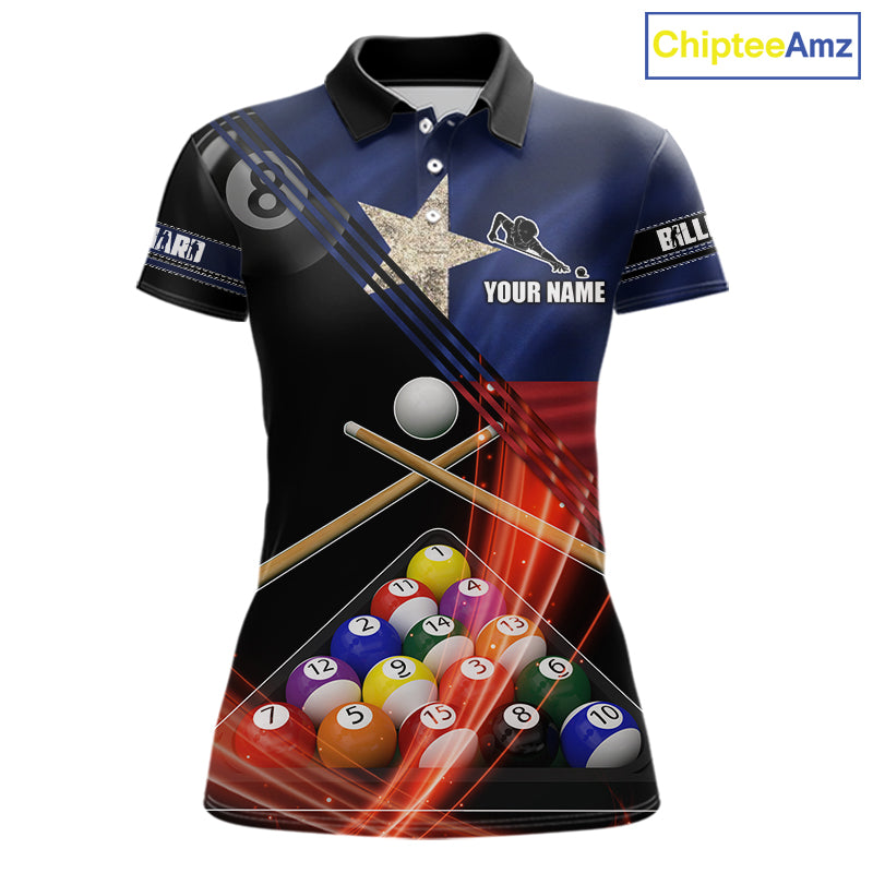 Texas Flag Custom Billiard Polo & 1/4 Zip Shirt For Women, Patriotic 8 Ball Pool Team Jersey TDM6046