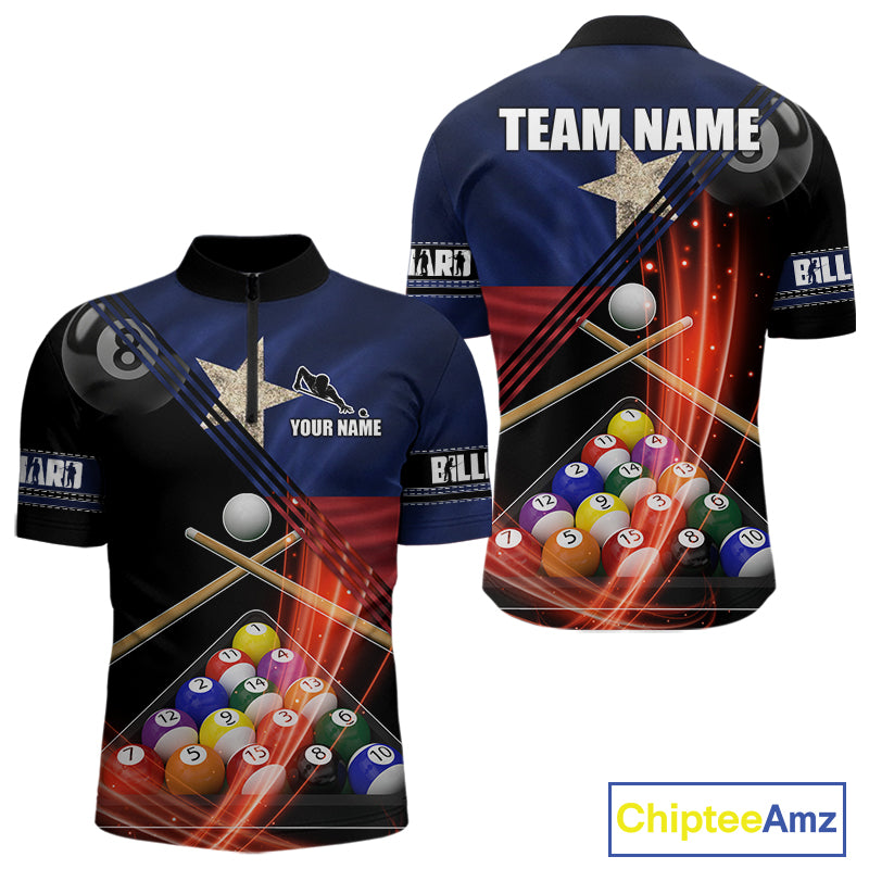 Texas Flag Custom Billiard Polo & 1/4 Zip Shirt For Men, Patriotic 8 Ball Pool Team Jersey TDM6046