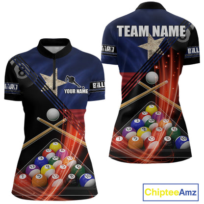 Texas Flag Custom Billiard Polo & 1/4 Zip Shirt For Women, Patriotic 8 Ball Pool Team Jersey TDM6046