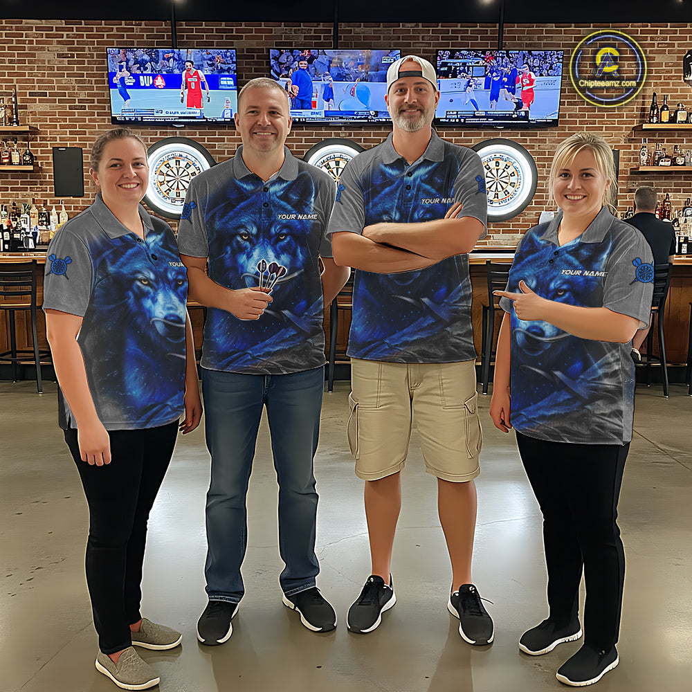 Personalized Wolf Lightning Darts Shirt For Men, Darts Team Jersey Polo & 1/4 Zip |Blue TDM6305