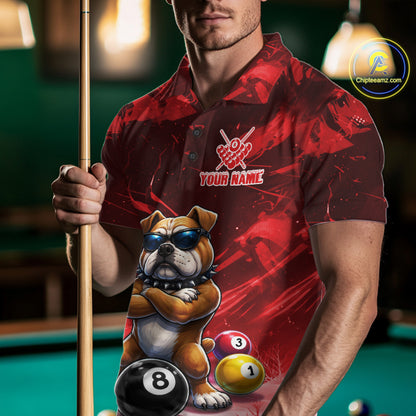 Funny Bulldog Pool Balls Billiard Shirt For Men Custom Billiard Team Jersey Polo & 1/4 Zip |Red TDM6477