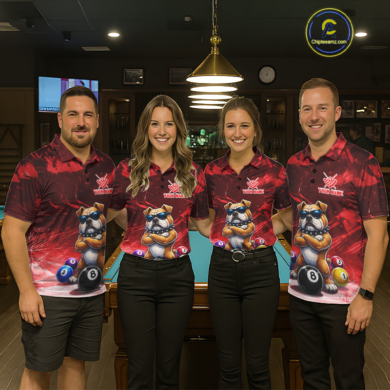 Funny Bulldog Pool Balls Billiard Shirt For Men Custom Billiard Team Jersey Polo & 1/4 Zip |Red TDM6477
