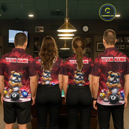 Funny Bulldog Pool Balls Billiard Shirt For Men Custom Billiard Team Jersey Polo & 1/4 Zip |Red TDM6477