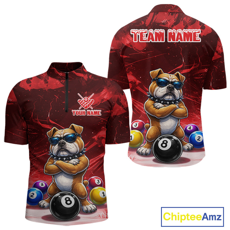 Funny Bulldog Pool Balls Billiard Shirt For Men Custom Billiard Team Jersey Polo & 1/4 Zip |Red TDM6477