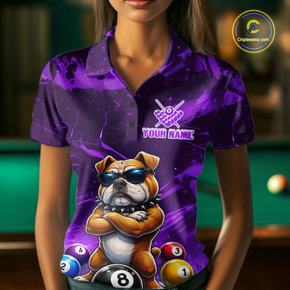 Funny Bulldog Pool Balls Billiard Shirt For Women Custom Billiard Team Jersey Polo & 1/4 Zip |Purple TDM6478