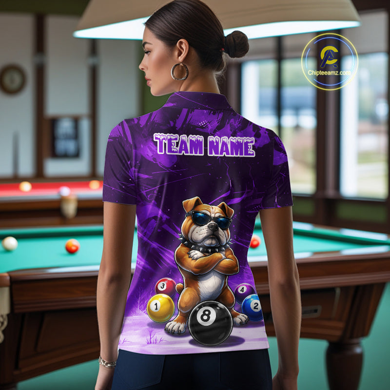 Funny Bulldog Pool Balls Billiard Shirt For Women Custom Billiard Team Jersey Polo & 1/4 Zip |Purple TDM6478