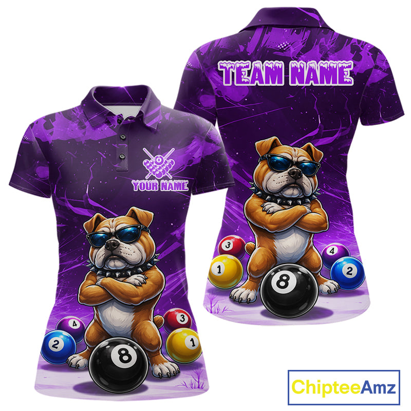 Funny Bulldog Pool Balls Billiard Shirt For Women Custom Billiard Team Jersey Polo & 1/4 Zip |Purple TDM6478