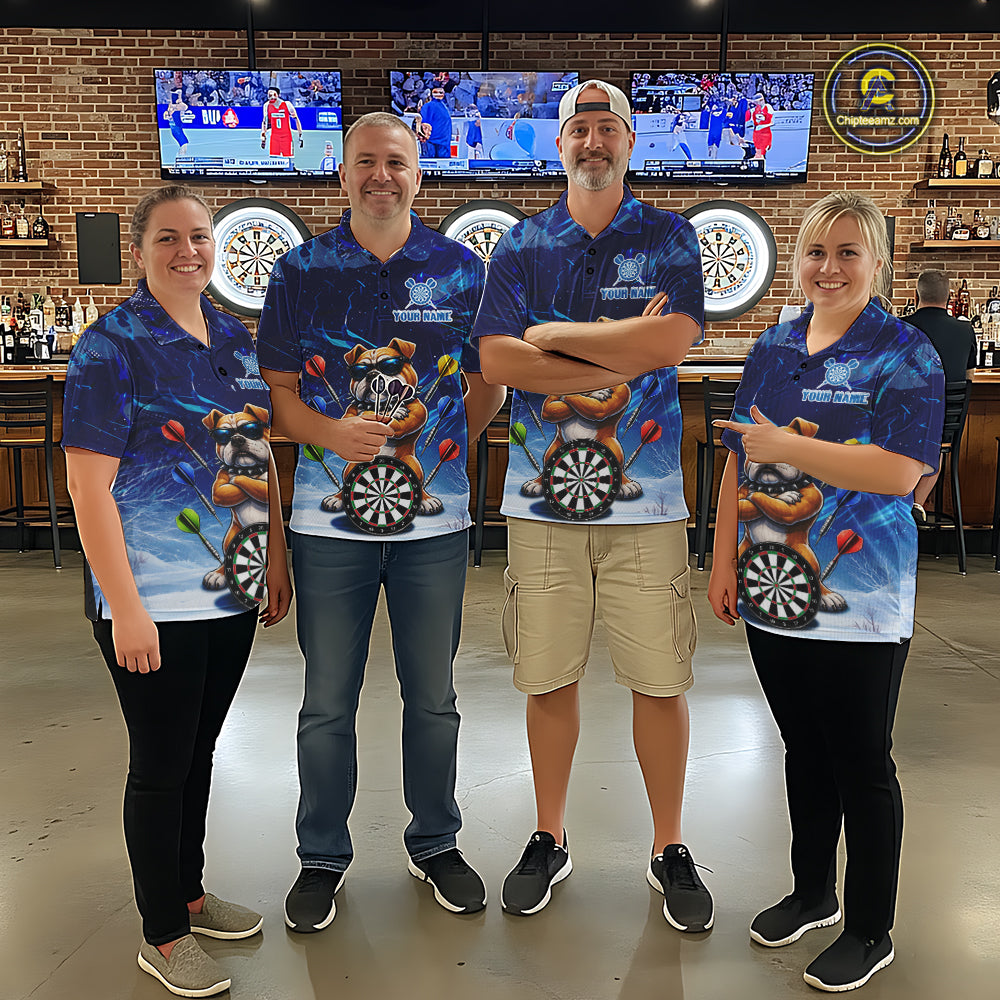 Personalized Blue Funny Bulldog Darts Shirt For Men Custom Darts Jersey Team Polo & 1/4 Zip TDM6481