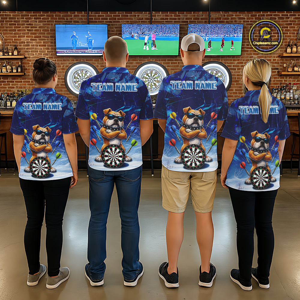 Personalized Blue Funny Bulldog Darts Shirt For Men Custom Darts Jersey Team Polo & 1/4 Zip TDM6481