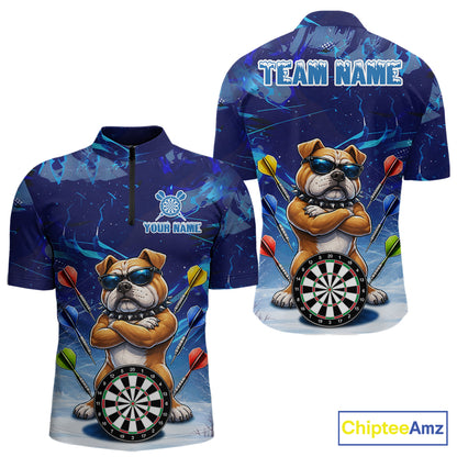 Personalized Blue Funny Bulldog Darts Shirt For Men Custom Darts Jersey Team Polo & 1/4 Zip TDM6481