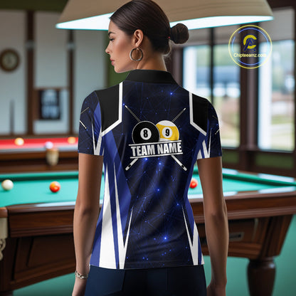 Blue 8 Ball & 9 Ball Pool Billiard Shirt For Women Custom Geometric Billiard Jersey Polo & 1/4 Zip TDM6482