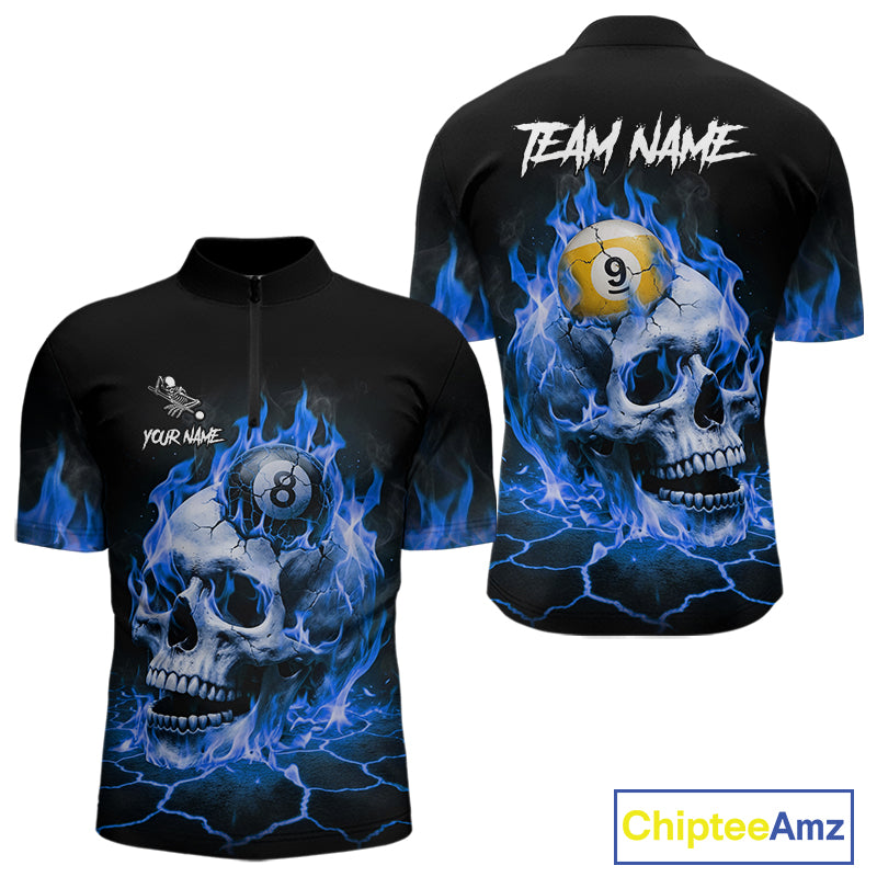 Blue flaming skull 8 ball and 9 ball billiard quarter zip shirt for men designed for league tournaments and team events.