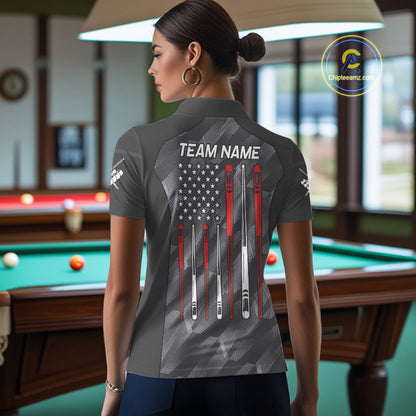Back view of woman wearing a metal grey American flag 8 ball pool shirt in a billiards hall.