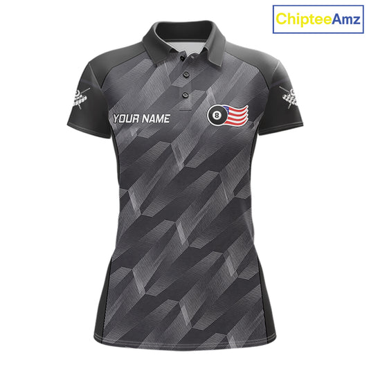 Metal grey American flag 8 ball billiard polo shirt for women with patriotic pool team graphics.