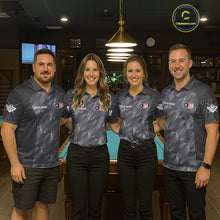 Load image into Gallery viewer, Pool team wearing matching metal grey American flag 8 ball billiard jerseys during league matches front view.