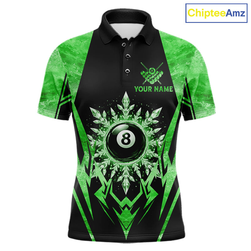 Black and green 8 ball pool icy billiard team jersey polo shirt for men featuring frozen ice effects and bold green highlights, premium custom pool league apparel for tournaments and league play.