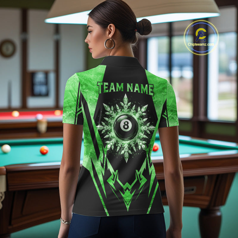Woman wearing black and green 8 ball pool icy billiard team jersey polo shirt featuring the frozen 8 ball artwork, back view.