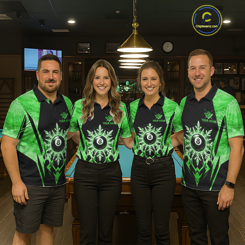 Billiard team wearing matching black and green icy 8 ball pool jerseys featuring the frozen artwork, front view.